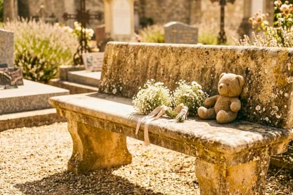 deux petits bouquets de fleurs blanches déposés sur un banc en pierre dans un cimetière paisible