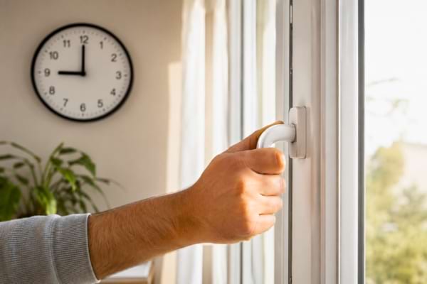 ne main fermant fermement la poign&eacute;e blanche d'une fen&ecirc;tre en PVC