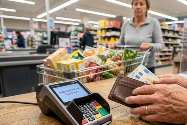 un terminal de paiement affichant le message "Paiement refusé - Hors ligne"