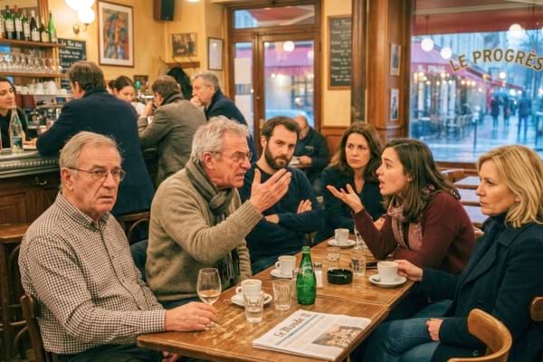 un groupe de citoyens fran&ccedil;ais d'&acirc;ges divers discutant de mani&egrave;re anim&eacute;e dans un caf&eacute; de quartier,