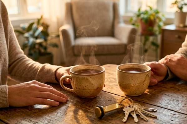Deux tasses de thé fumantes posées sur une table en bois rustique, avec un trousseau de clés