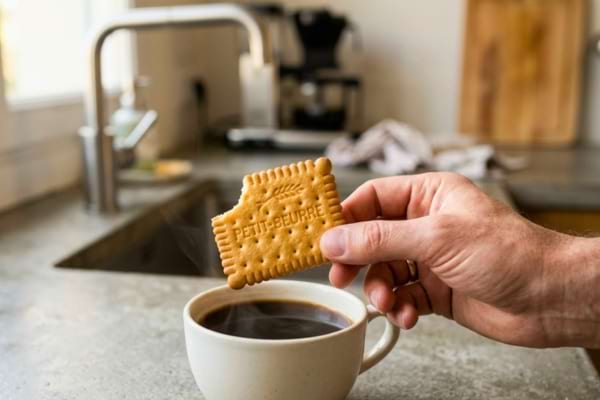 un biscuit rectangulaire dor&eacute; dont un des quatre coins a &eacute;t&eacute; croqu&eacute;