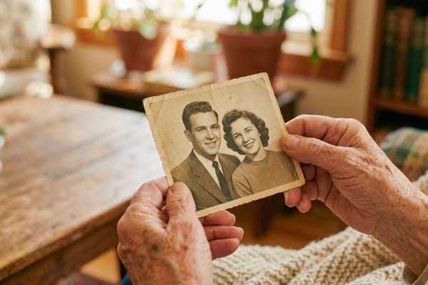Un gros plan sur des mains âgées tenant délicatement une ancienne photographie de couple
