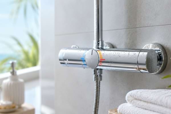 Mitigeur réglé sur tiède dans une salle de bain lumineuse en été