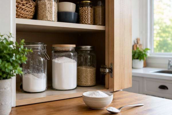 Bicarbonate de soude dans un placard de cuisine avec bol et cuillère.