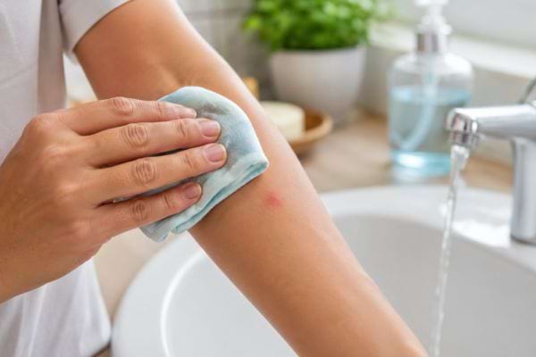 Compresse fraîche posée sur une piqûre de moustique près d’un lavabo.