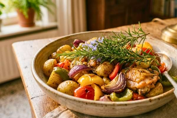 un plat m&eacute;diterran&eacute;en color&eacute; et app&eacute;tissant, g&eacute;n&eacute;reusement parsem&eacute; de feuilles de romarin
