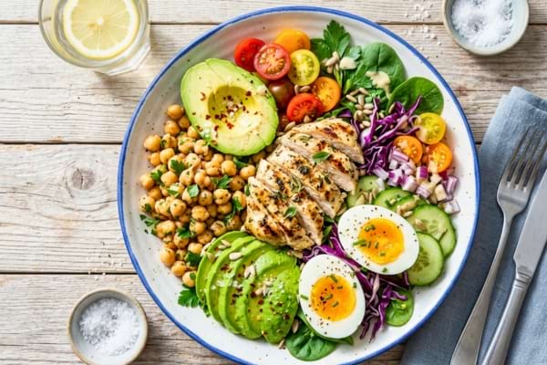 émincés de poulet grillé, des pois chiches, des tranches d'avocat, des œufs durs et des légumes frais croquants