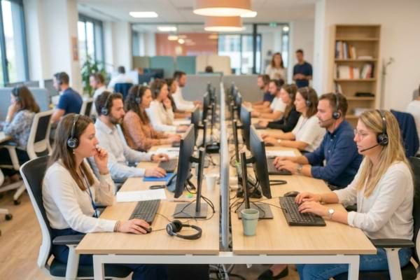 un centre d'appels moderne avec des employés portant des casques