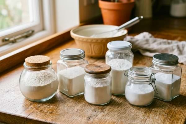 plusieurs bocaux en verre contenant des poudres blanches, sans étiquettes,