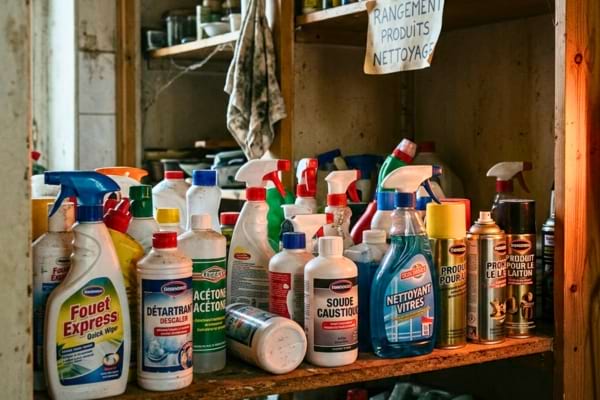 un placard de rangement mal organisé avec des produits ménagers