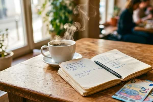 un carnet de notes ouvert avec un stylo, et quelques billets de 20 et 50 euros