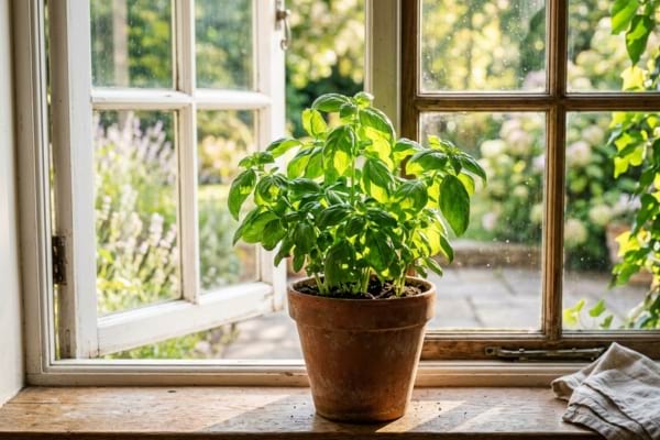 un pot en terre cuite contenant un plant de basilic frais et très vert