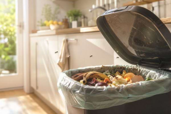 Poubelle ouverte avec d&eacute;chets alimentaires et mouches dans une cuisine en &eacute;t&eacute;