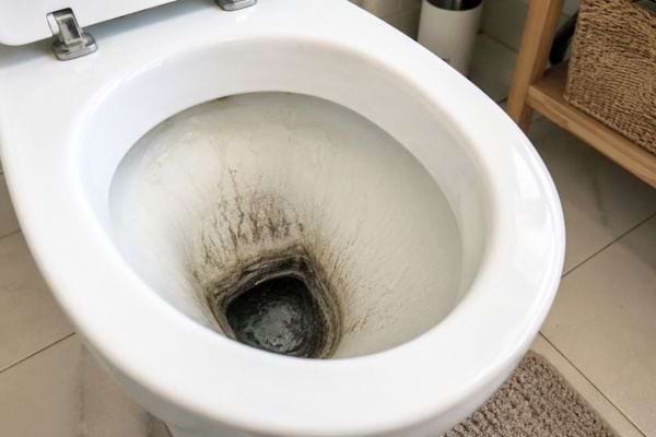 Cuvette de toilettes avec traces noires incrustées au fond.