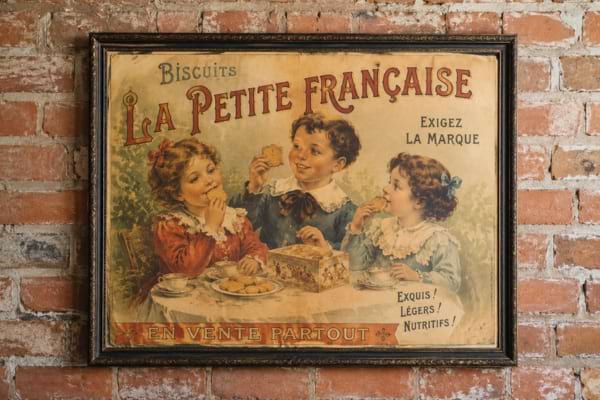 Une ancienne affiche publicitaire fran&ccedil;aise de style Belle &Eacute;poque (fin 19&egrave;me si&egrave;cle) encadr&eacute;e sur un mur en briques