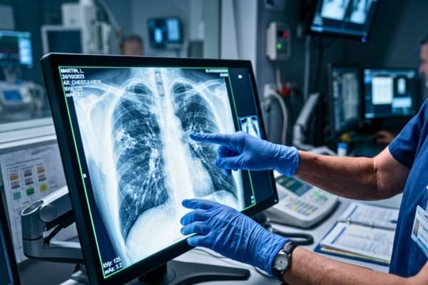 les mains d'un médecin examinant une radiographie complexe du thorax