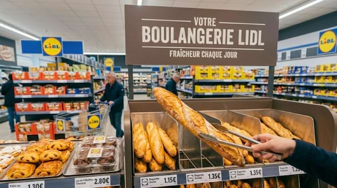 un rayon boulangerie de supermarché. Des baguettes dorées et croustillantes, des croissants et des pains au chocolat