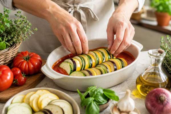 Préparation d’un tian de légumes avec sauce tomate, courgettes, aubergines, basilic, ail et huile d’olive.