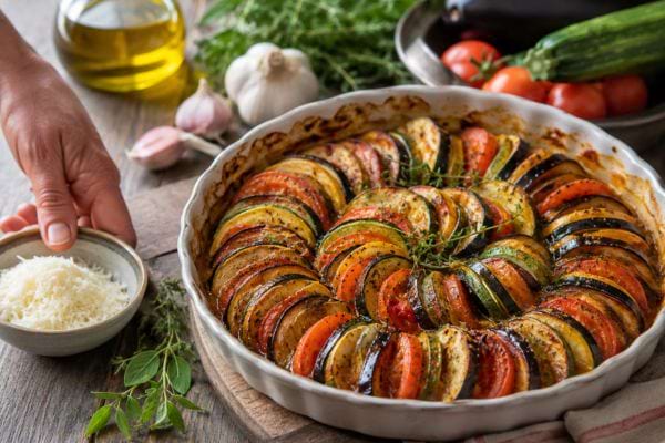 Tian de légumes sans fromage, préparé avec courgettes, aubergines, tomates, herbes fraîches et huile d’olive.