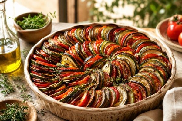 Tian de légumes provençal aux courgettes, aubergines et tomates confites dans un plat en céramique.