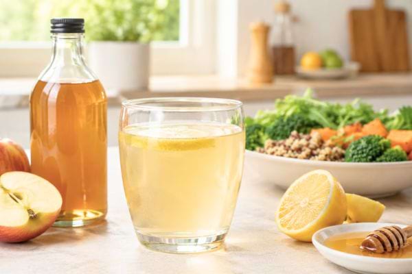 Boisson au vinaigre de cidre dilué avec citron, miel et repas sain sur une table de cuisine