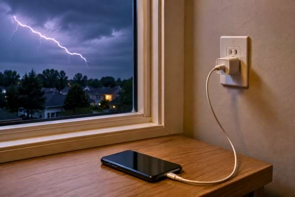 Un smartphone branché à une prise murale avec, par la fenêtre en arrière-plan