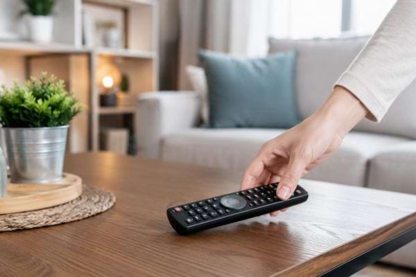 Télécommande propre remise sur une table basse dans un salon rangé et lumineux