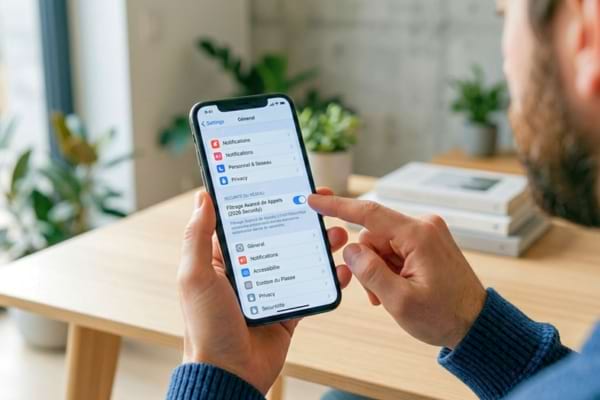 a person holding an iPhone, finger about to tap a toggle switch in the settings menu