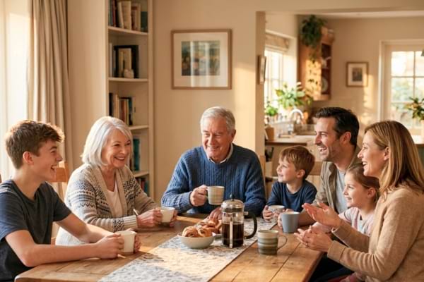 une famille multig&eacute;n&eacute;rationnelle souriante, assise autour d'une table de salle &agrave; manger en bois