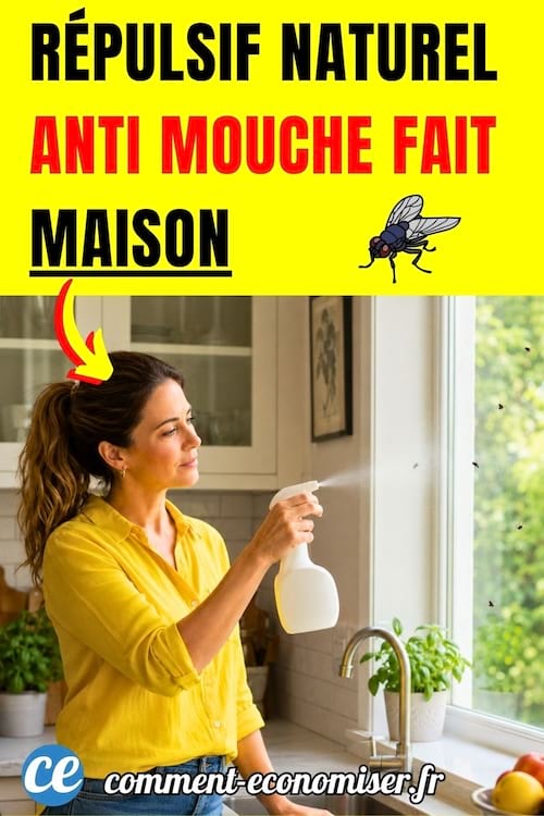 une femme brune avec une chemise jaune diffuse un r&eacute;pulsif anti mouche dans la cuisine