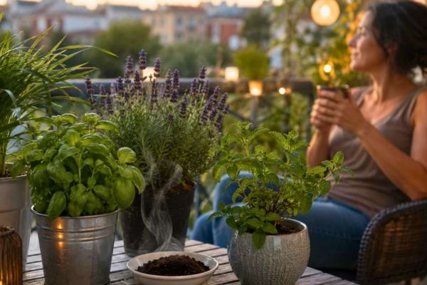Balcon fleuri avec marc de café fumant et plantes répulsives contre les moustiques.