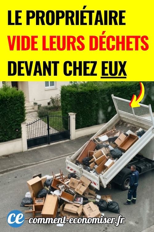 un camion benne vide des déchets devant une maison