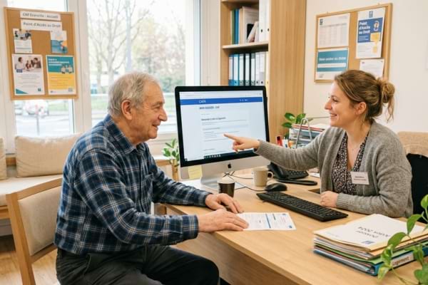 Un homme senior d'apparence modeste discutant avec une assistante sociale