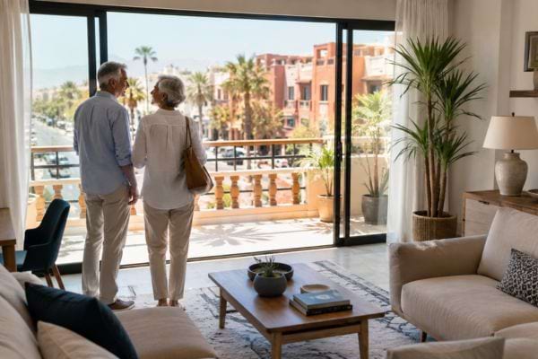 Couple de retraités découvrant un appartement lumineux avec terrasse au Maroc.
