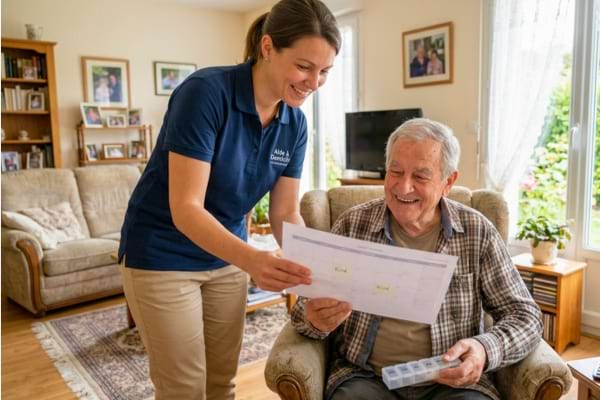 a friendly home care worker in a casual uniform helping an elderly man in his living room