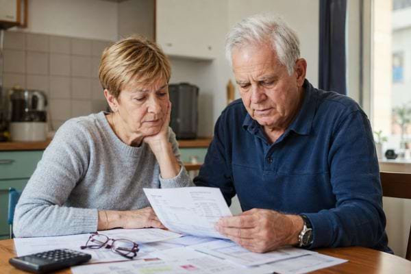 Couple de retraités inquiet en train de consulter ses factures à la table de la cuisine.