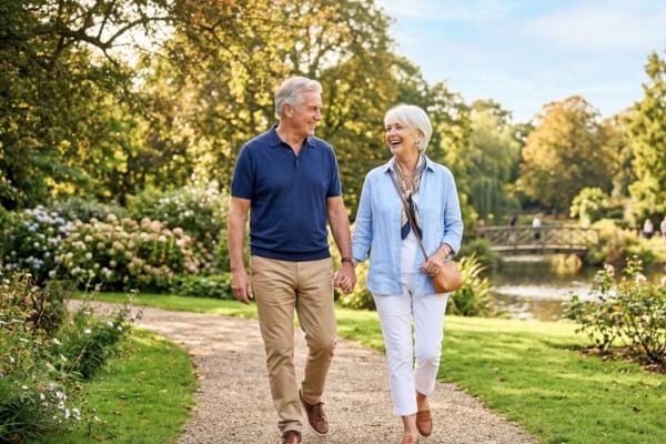 Un homme et une femme seniors, souriants et détendus, se promènent dans un parc verdoyant