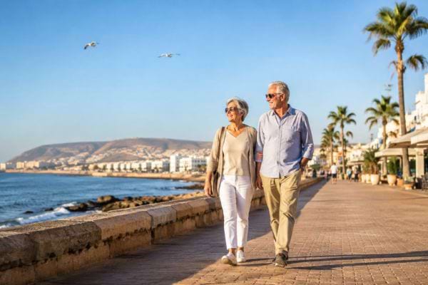 Couple de retraités se promenant au soleil sur une promenade en bord de mer au Maroc.