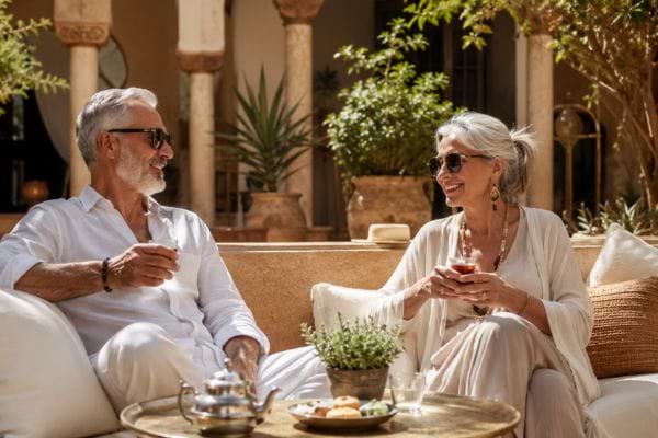 Couple de retraités heureux prenant le thé dans un patio marocain ensoleillé.