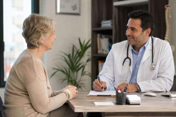 Retraitée échangeant sereinement avec un médecin dans un cabinet lumineux.