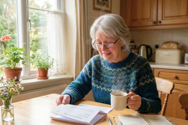Une femme de 70 ans assise à la table de sa cuisine lumineuse, regardant un courrier officiel