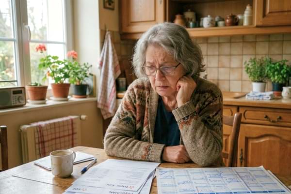 a worried 75-year-old French woman looking at her bills