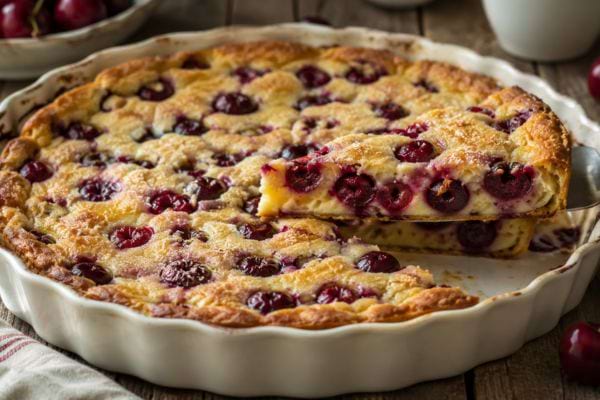 Clafoutis aux cerises coupé avec les fruits tombés au fond du plat.