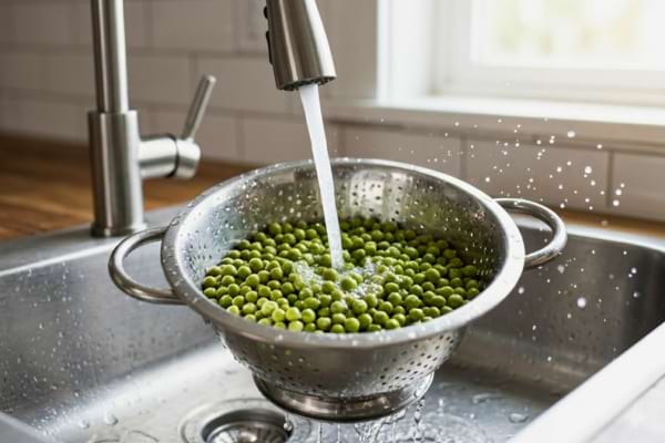 légumes en conserve rincés dans une passoire en acier inoxydable sous un jet d'eau