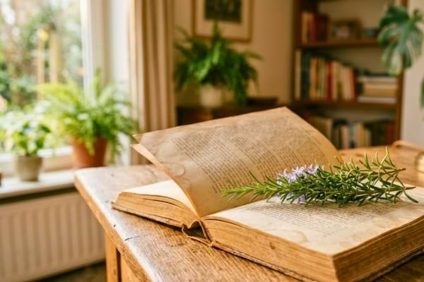  un beau brin de romarin vert pos&eacute; d&eacute;licatement sur les pages d'un livre