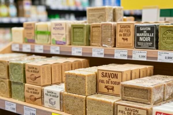 n rayon de magasin bien approvisionné, montrant plusieurs boîtes et pains de savon d'entretien ménager