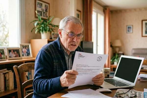 Un sénior énervé lit un courrier de l'administration