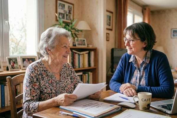 Une dame âgée souriante discute avec une assistante sociale bienveillante