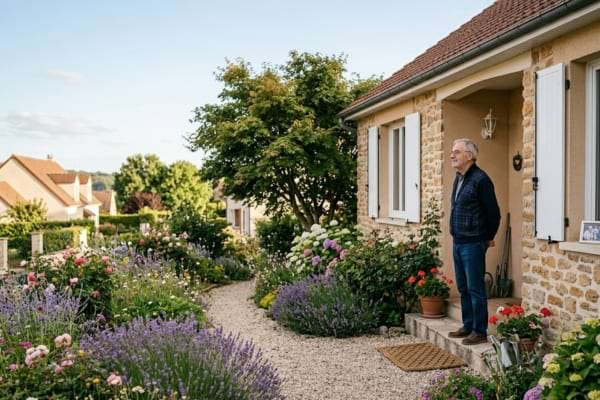 Un senior se tient sur le pas de la porte, regardant au loin.